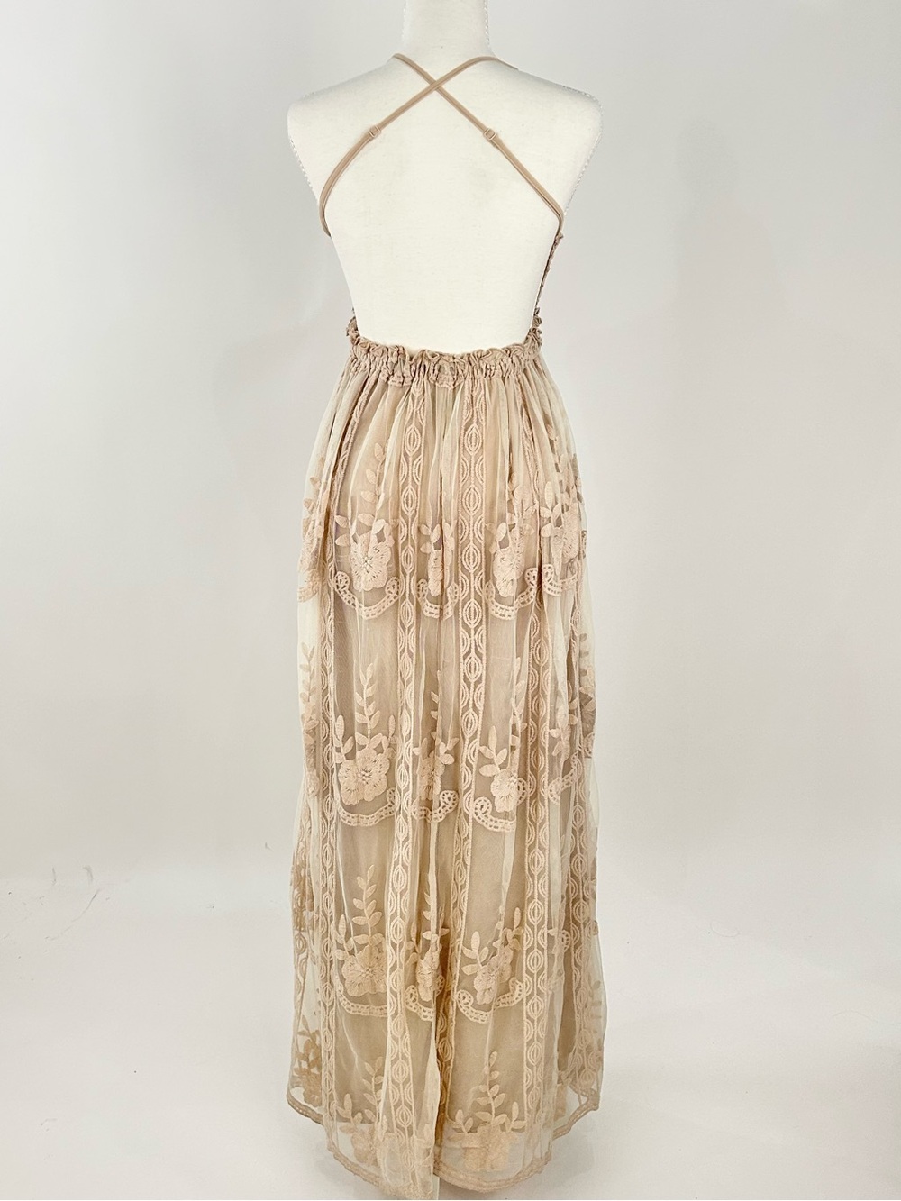 Petal + Pup XS Embroidered Lace Crochet Open Back Boho Maxi Dress Nude - Picture 3 of 12